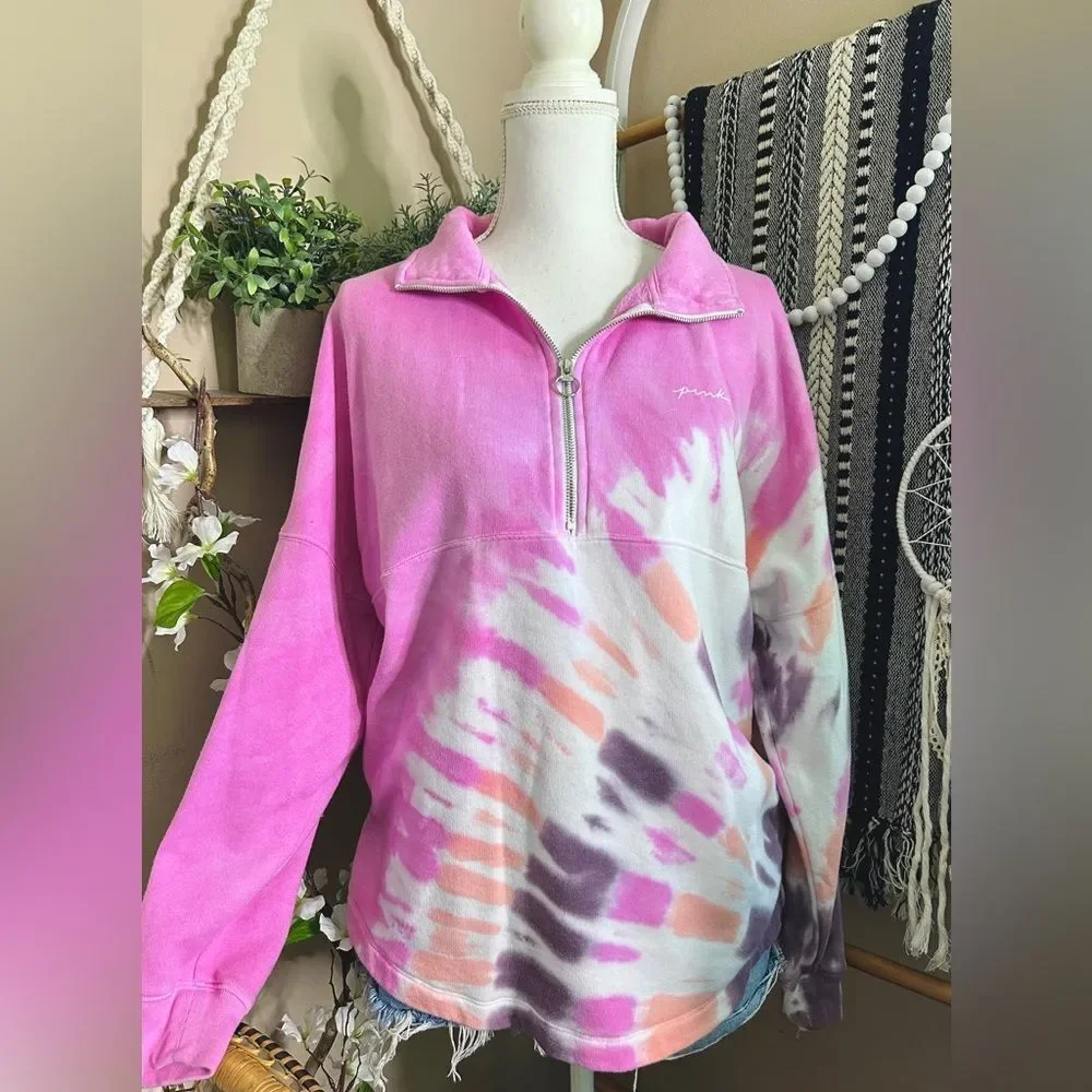 Victoria’s Secret PINK Varsity Half Zip Tie Dye Pullover Oversized Sweatshirt - Picture 3 of 11